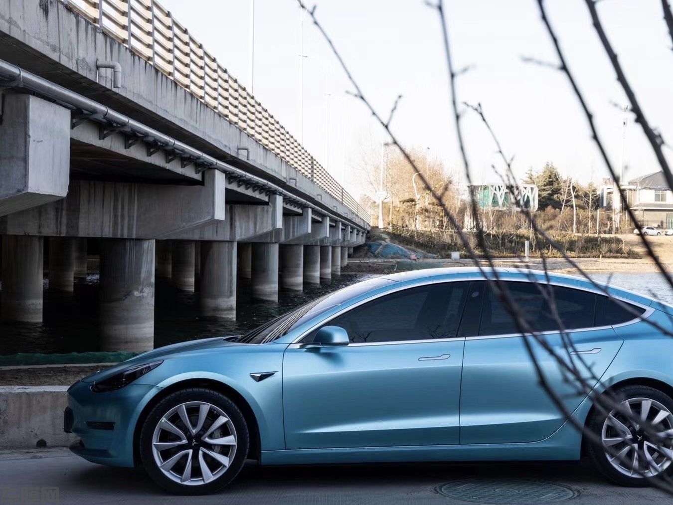 特斯拉ModeL 3 电光金属湖水蓝改色膜 效果图