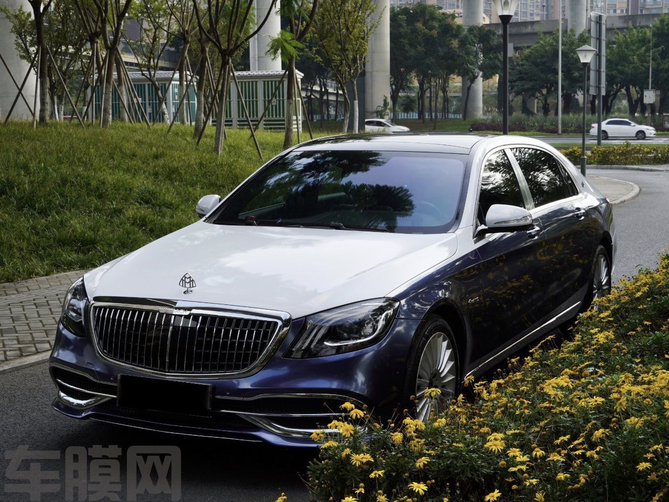迈巴赫S560 超亮金属银河蓝➕钢琴白双拼改色膜 效果图